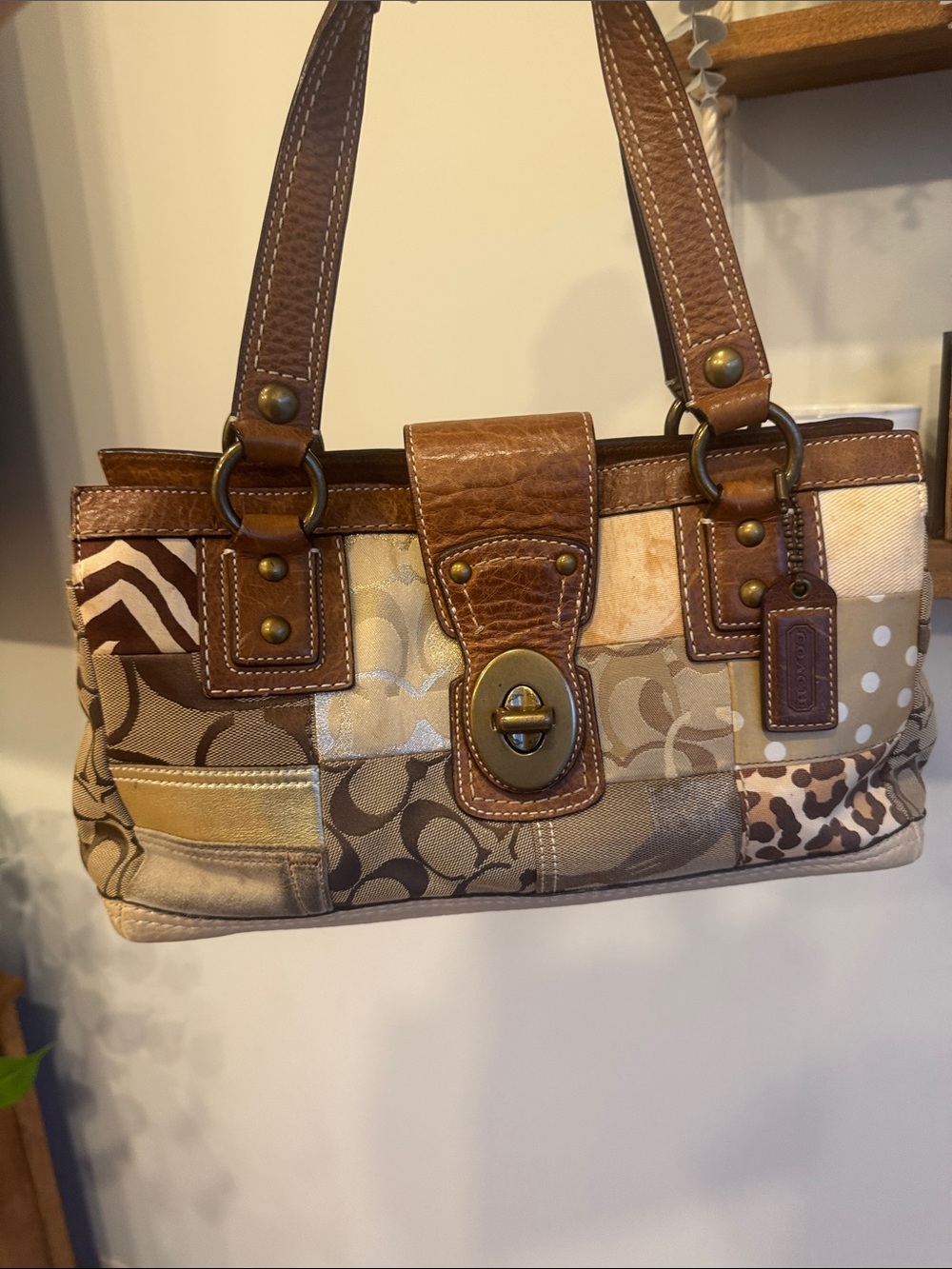 Coach Patchwork Neutral Canvas & Leather Shoulder Bag - Tan & Brown